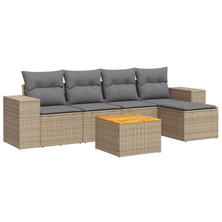 6-delige Loungeset met kussens poly rattan beige