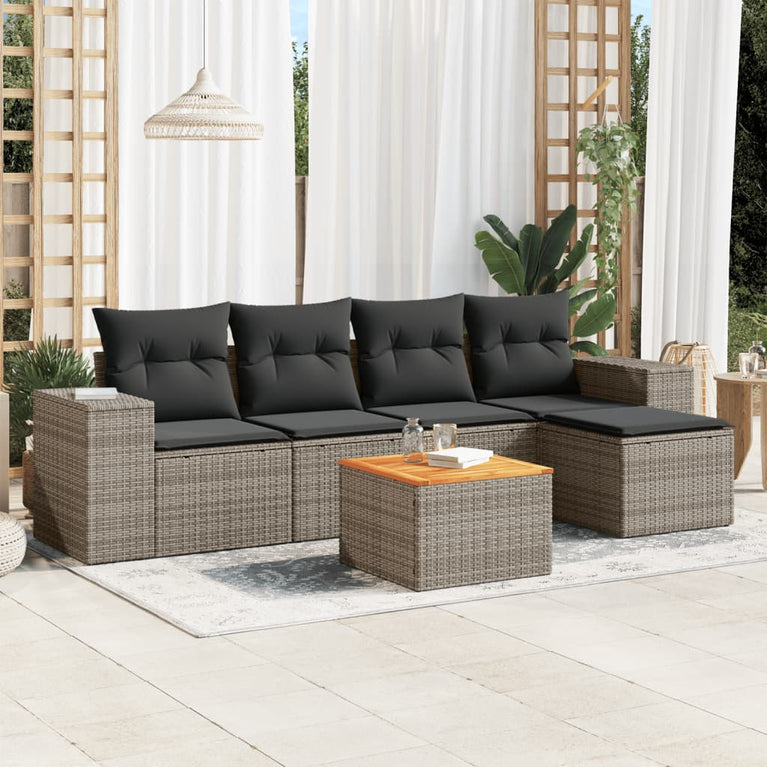 6-delige Loungeset met kussens poly rattan grijs