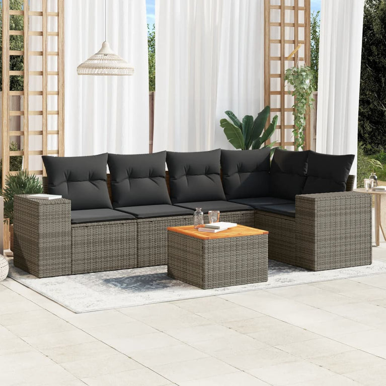 6-delige Loungeset met kussens poly rattan grijs