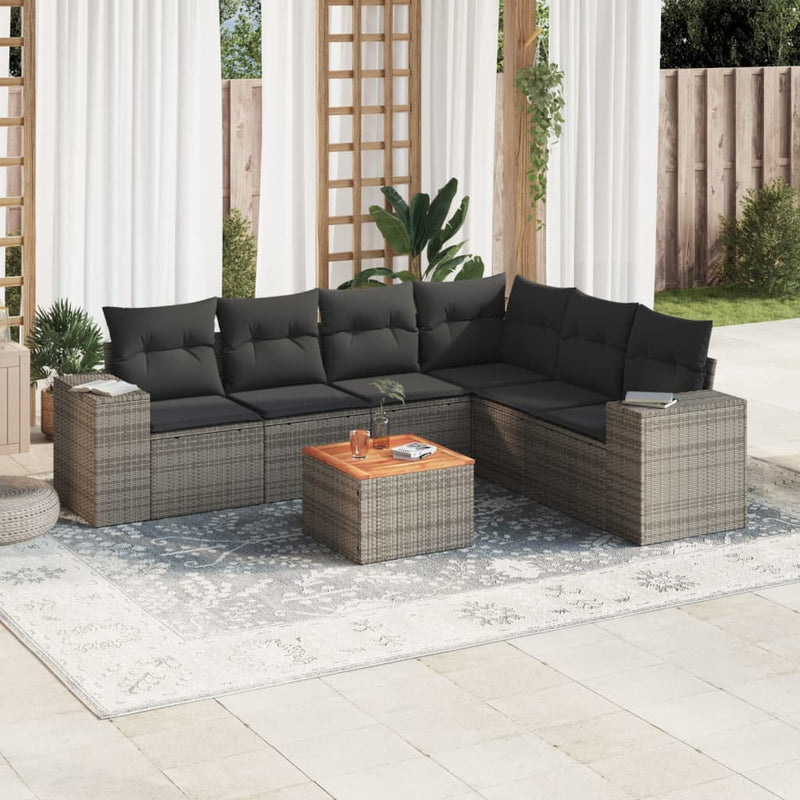 7-delige Loungeset met kussens poly rattan grijs