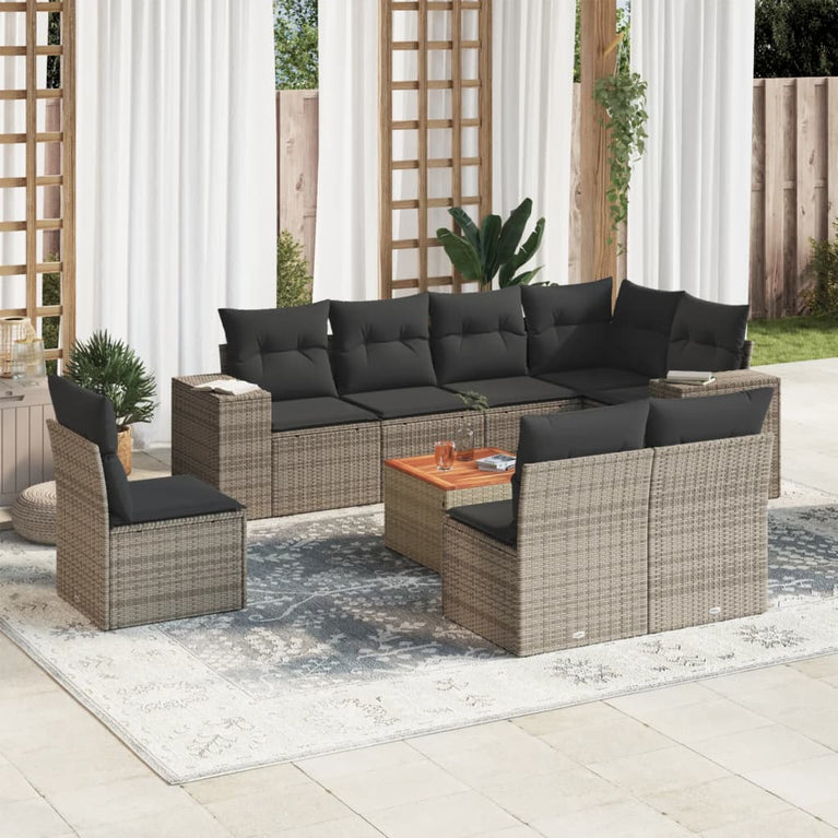 9-delige Loungeset met kussens poly rattan grijs