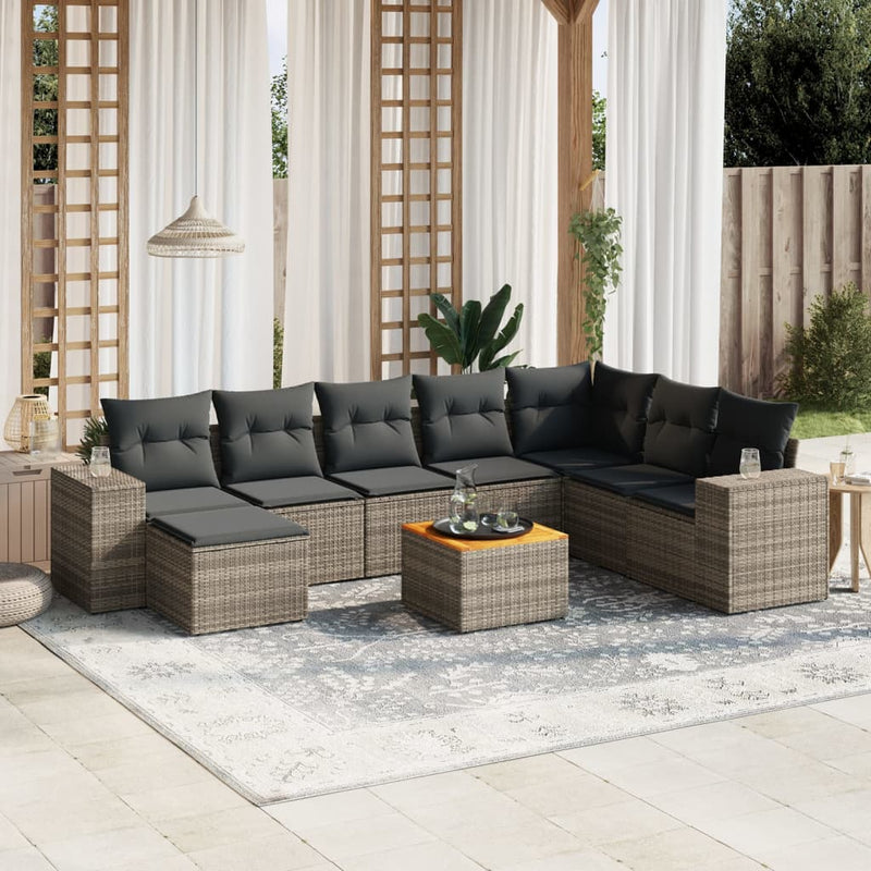 9-delige Loungeset met kussens poly rattan grijs