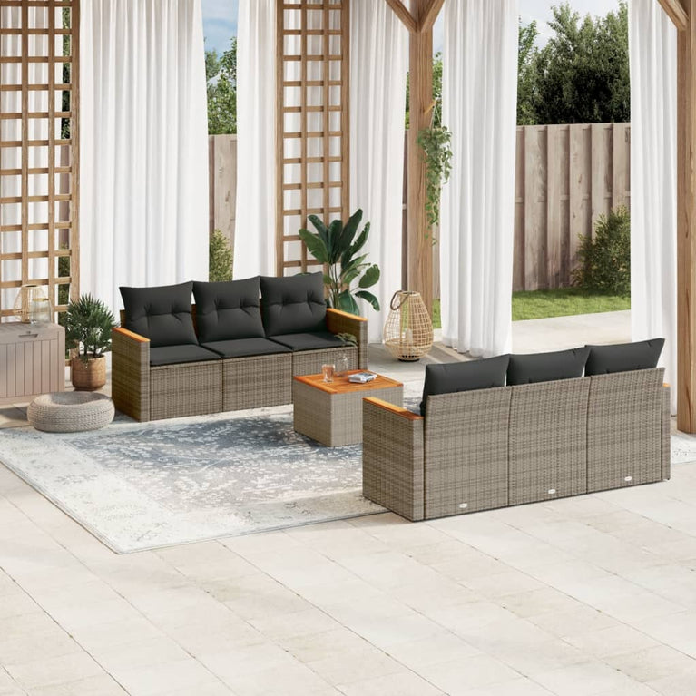 7-delige Loungeset met kussens poly rattan grijs
