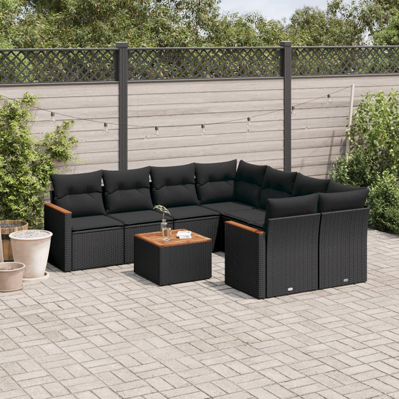 9-delige Loungeset met kussens poly rattan zwart