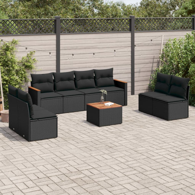9-delige Loungeset met kussens poly rattan zwart