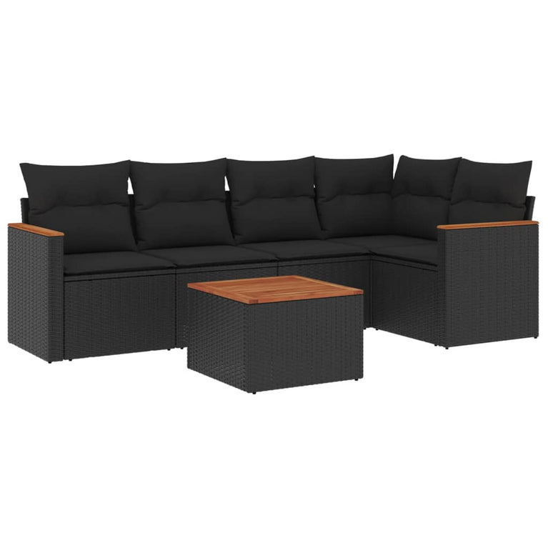 6-delige Loungeset met kussens poly rattan zwart