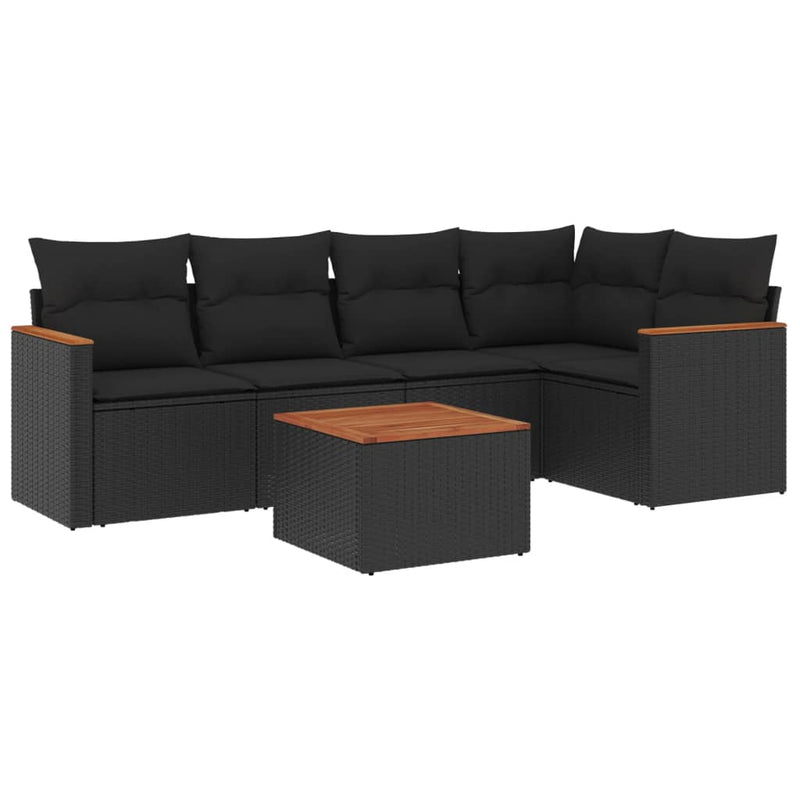 6-delige Loungeset met kussens poly rattan zwart