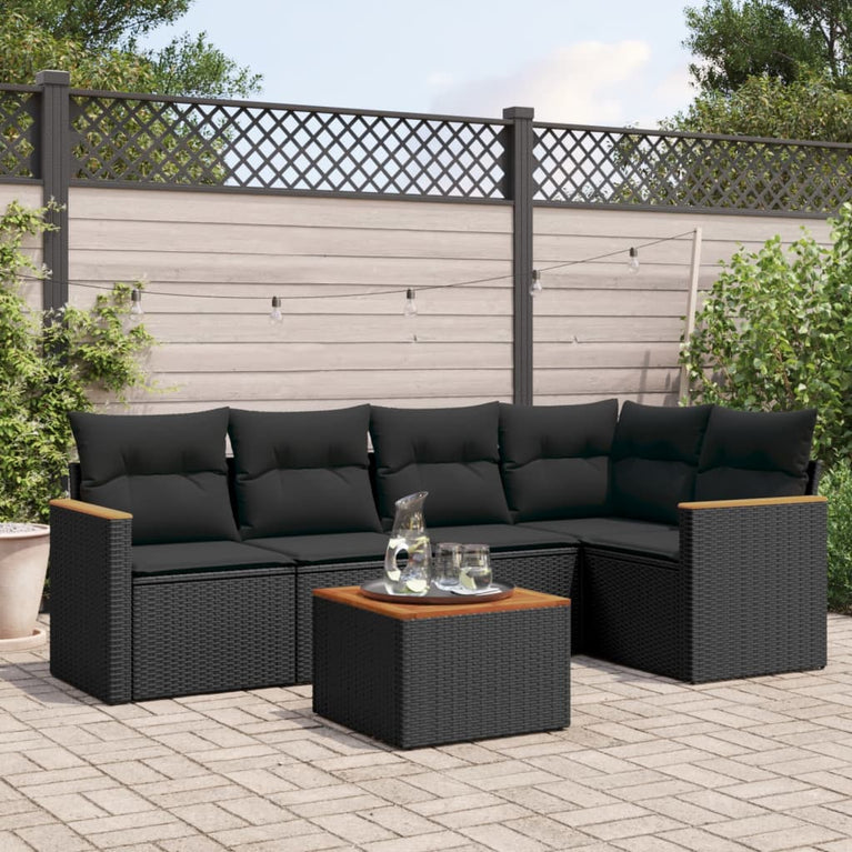6-delige Loungeset met kussens poly rattan zwart