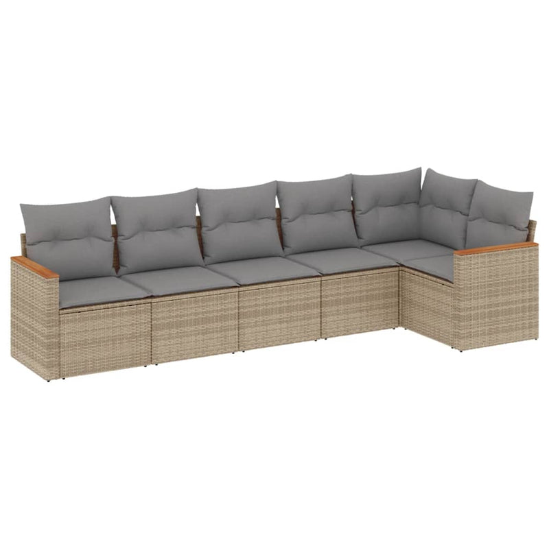 6-delige Loungeset met kussens poly rattan beige