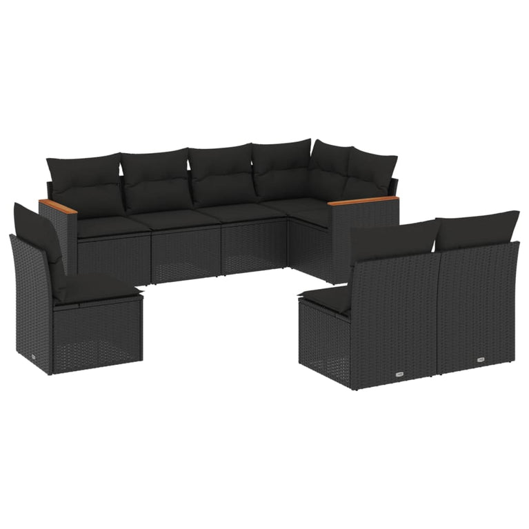8-delige Loungeset met kussens poly rattan zwart