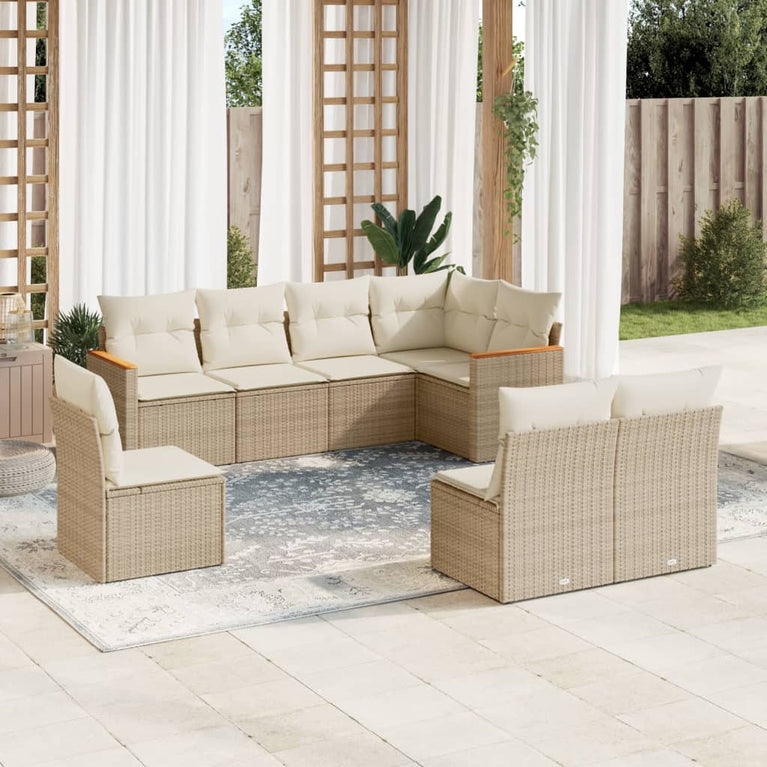 8-delige Loungeset met kussens poly rattan beige