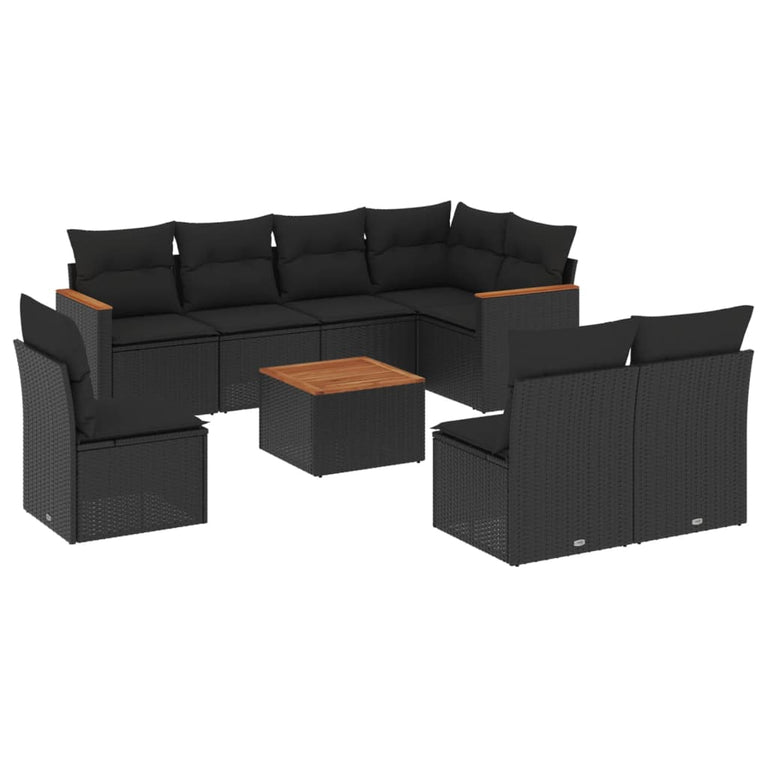 9-delige Loungeset met kussens poly rattan zwart