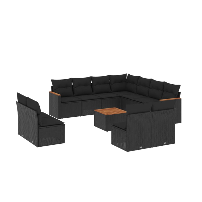 12-delige Loungeset met kussens poly rattan zwart