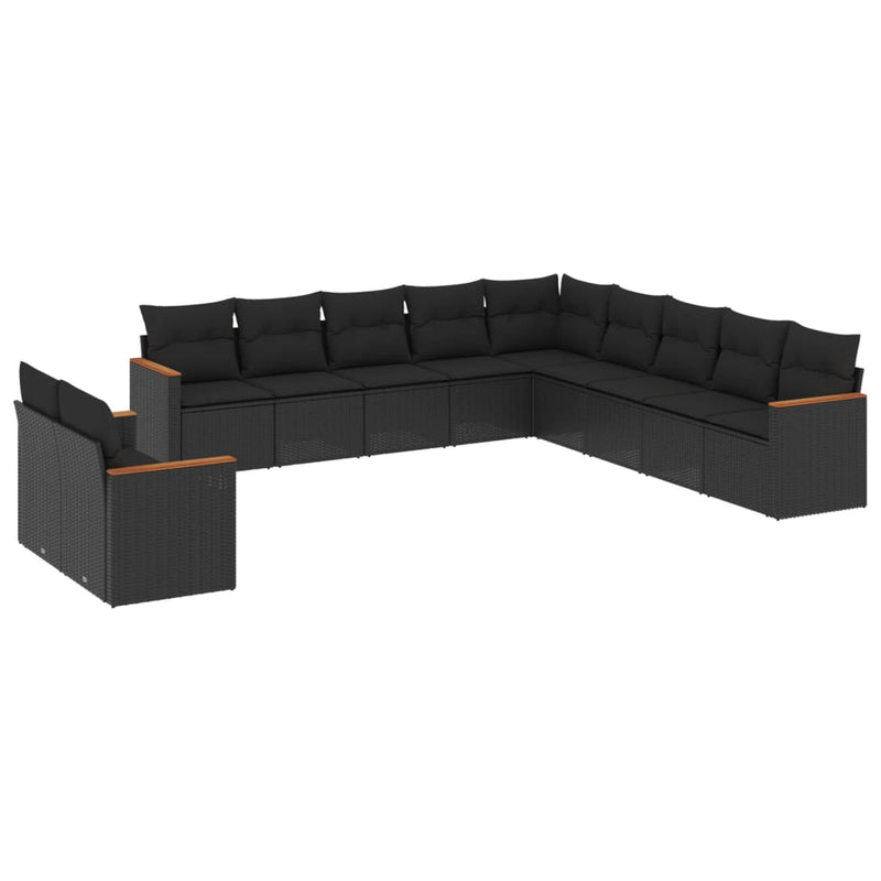 11-delige Loungeset met kussens poly rattan zwart