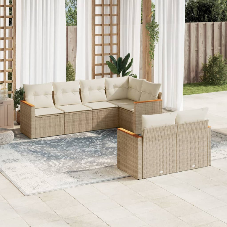 7-delige Loungeset met kussens poly rattan beige
