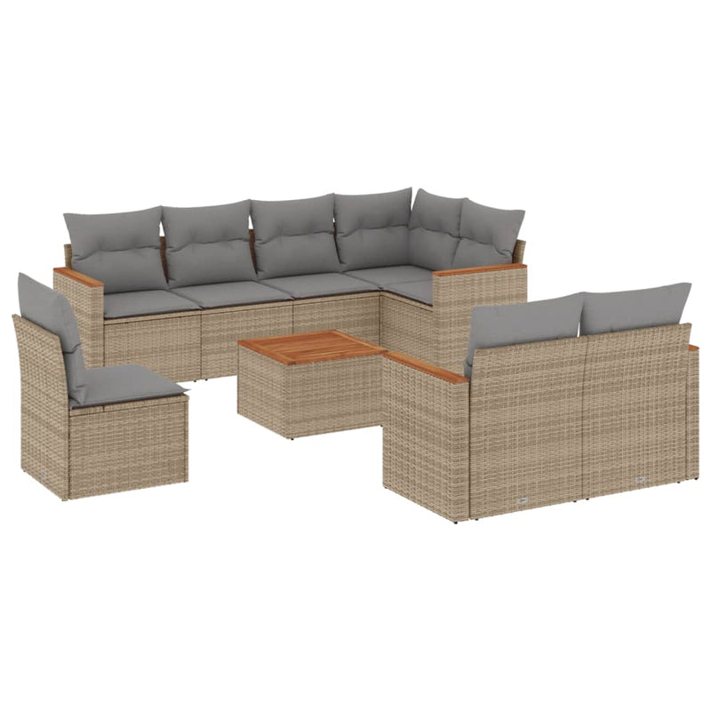 9-delige Loungeset met kussens poly rattan beige