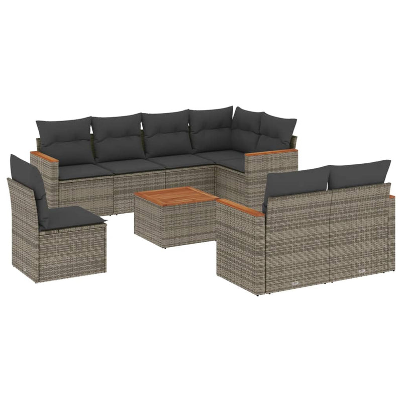 9-delige Loungeset met kussens poly rattan grijs