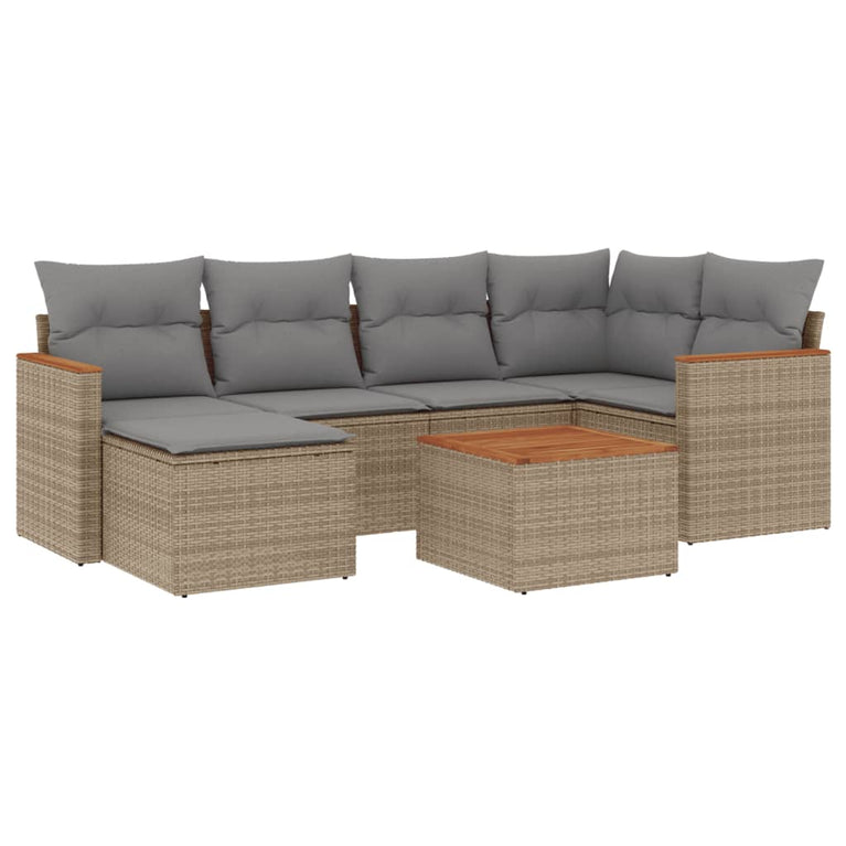 7-delige Loungeset met kussens poly rattan beige