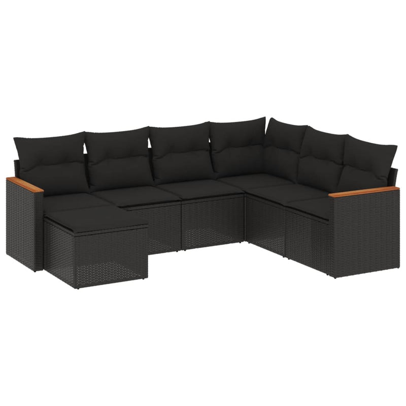 7-delige Loungeset met kussens poly rattan zwart