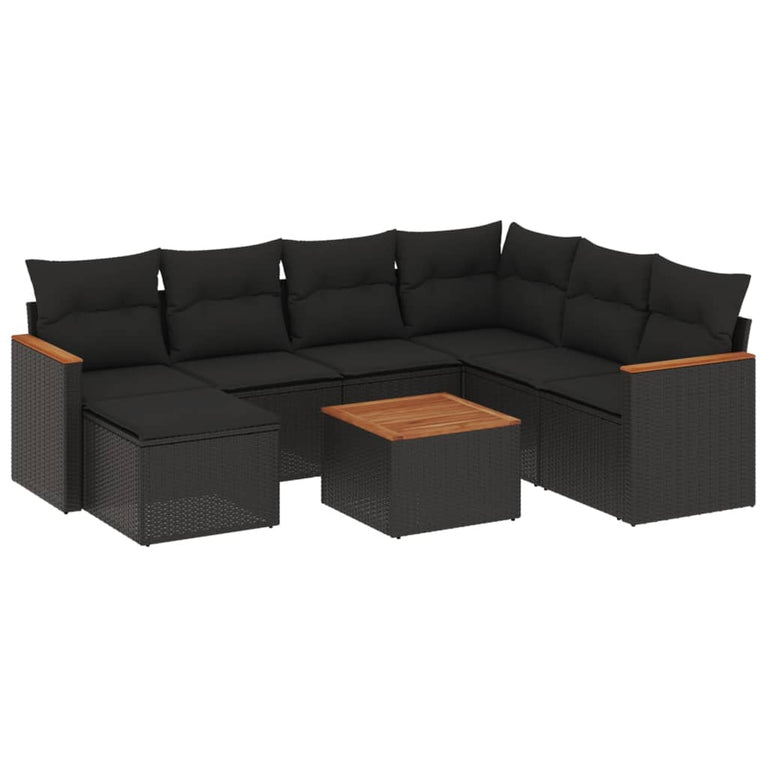 8-delige Loungeset met kussens poly rattan zwart