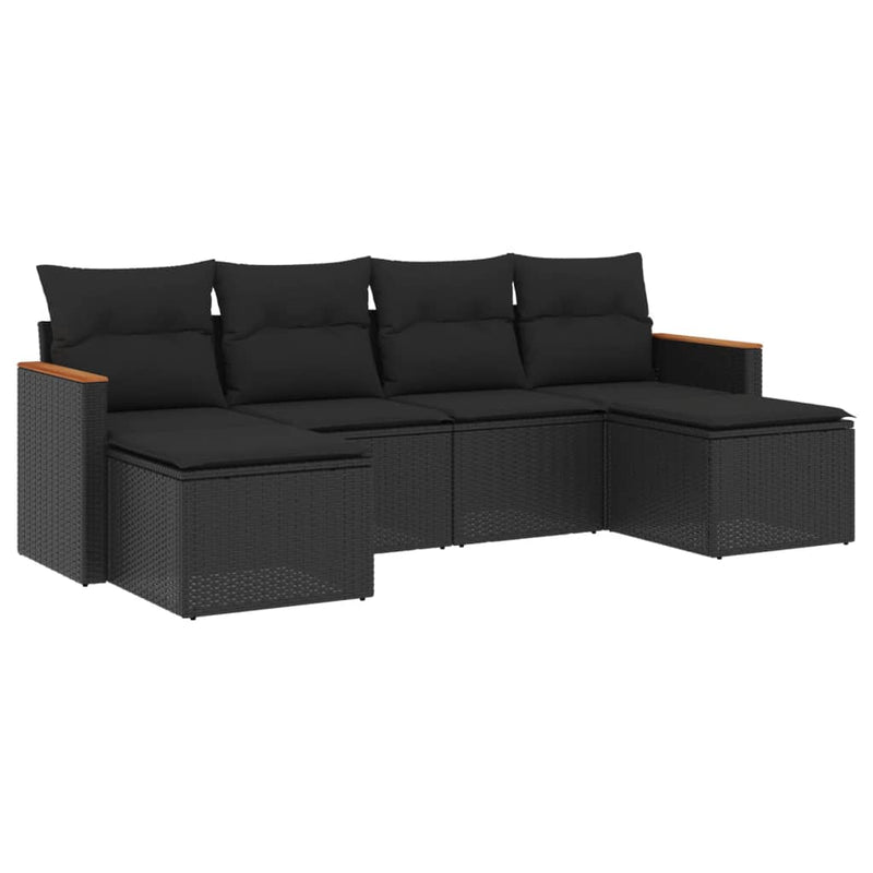 6-delige Loungeset met kussens poly rattan zwart