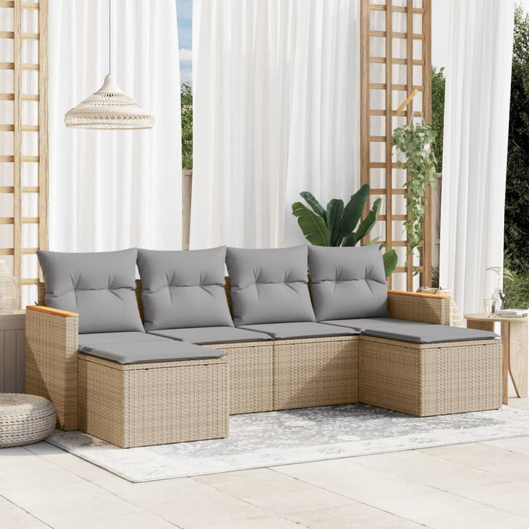 6-delige Loungeset met kussens poly rattan beige