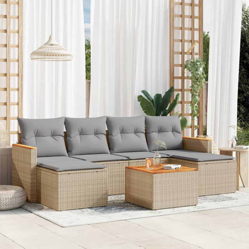7-delige Loungeset met kussens poly rattan beige