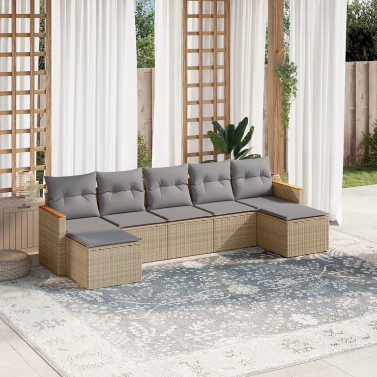7-delige Loungeset met kussens poly rattan beige
