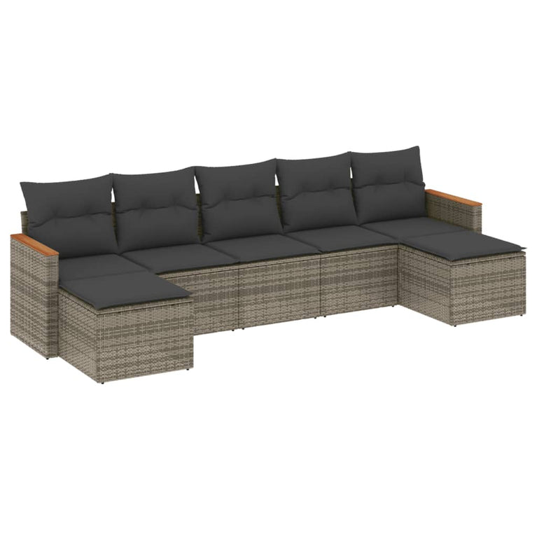 7-delige Loungeset met kussens poly rattan grijs