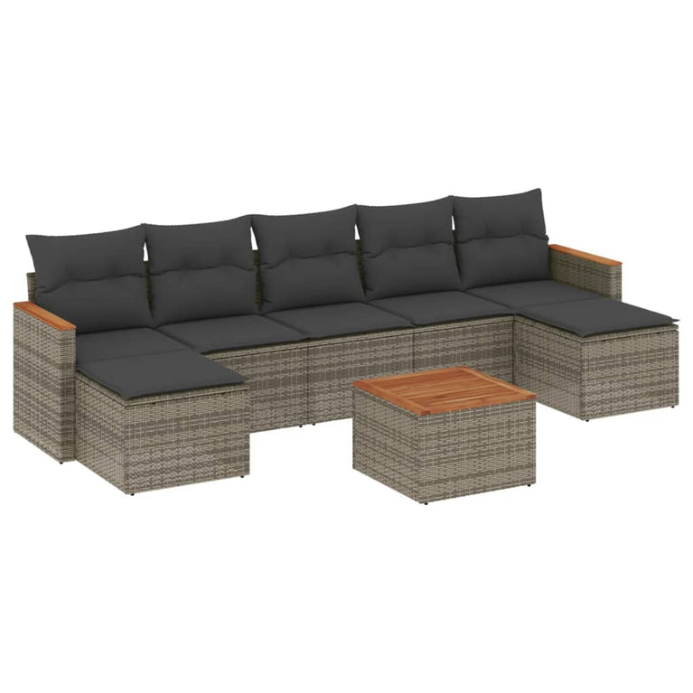 8-delige Loungeset met kussens poly rattan grijs