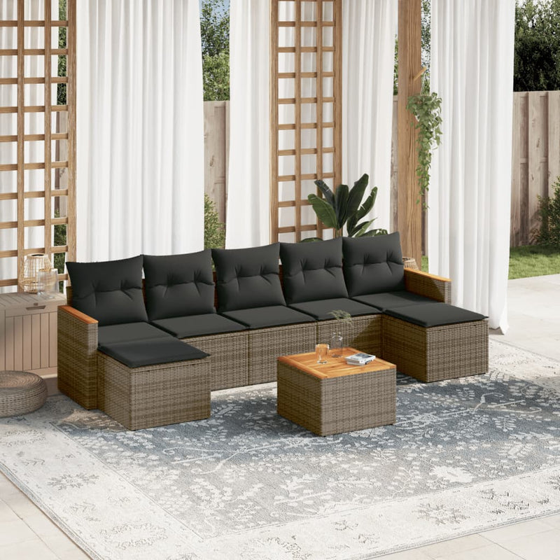 8-delige Loungeset met kussens poly rattan grijs