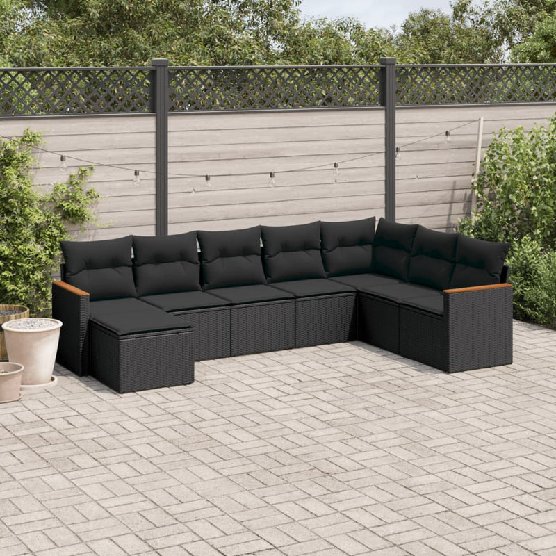8-delige Loungeset met kussens poly rattan zwart