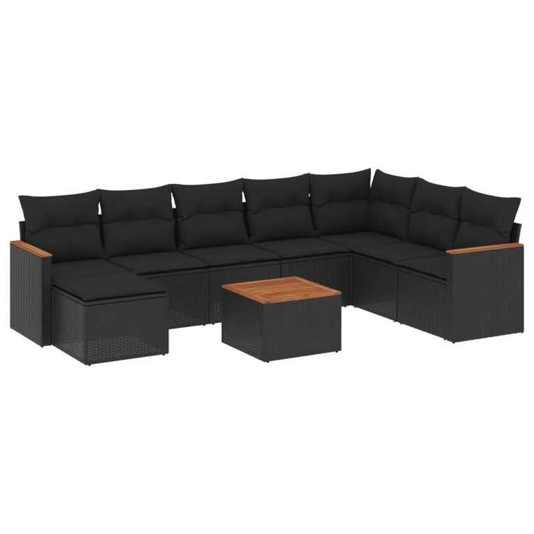 9-delige Loungeset met kussens poly rattan zwart