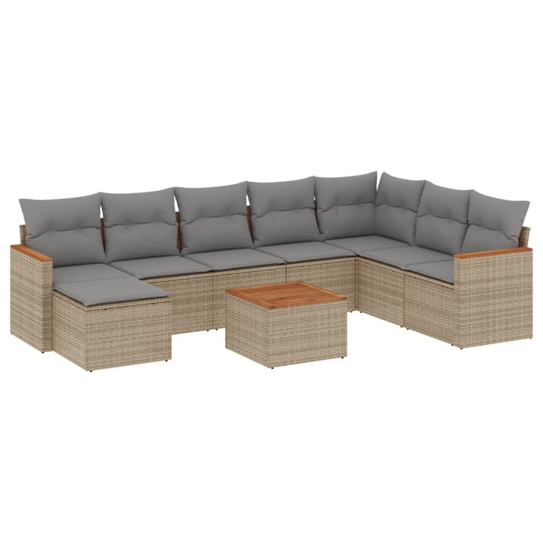 9-delige Loungeset met kussens poly rattan beige
