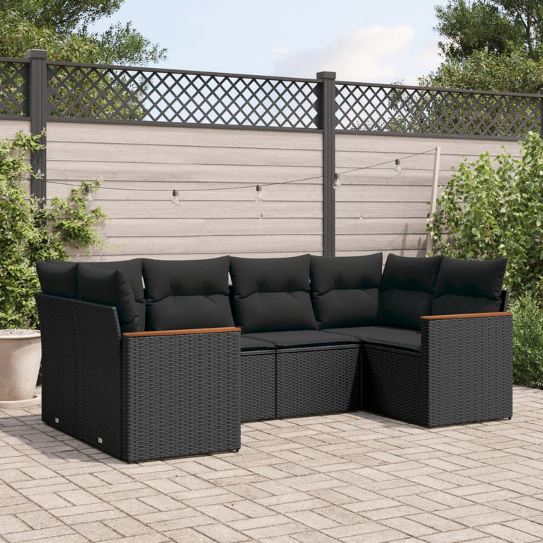 6-delige Loungeset met kussens poly rattan zwart