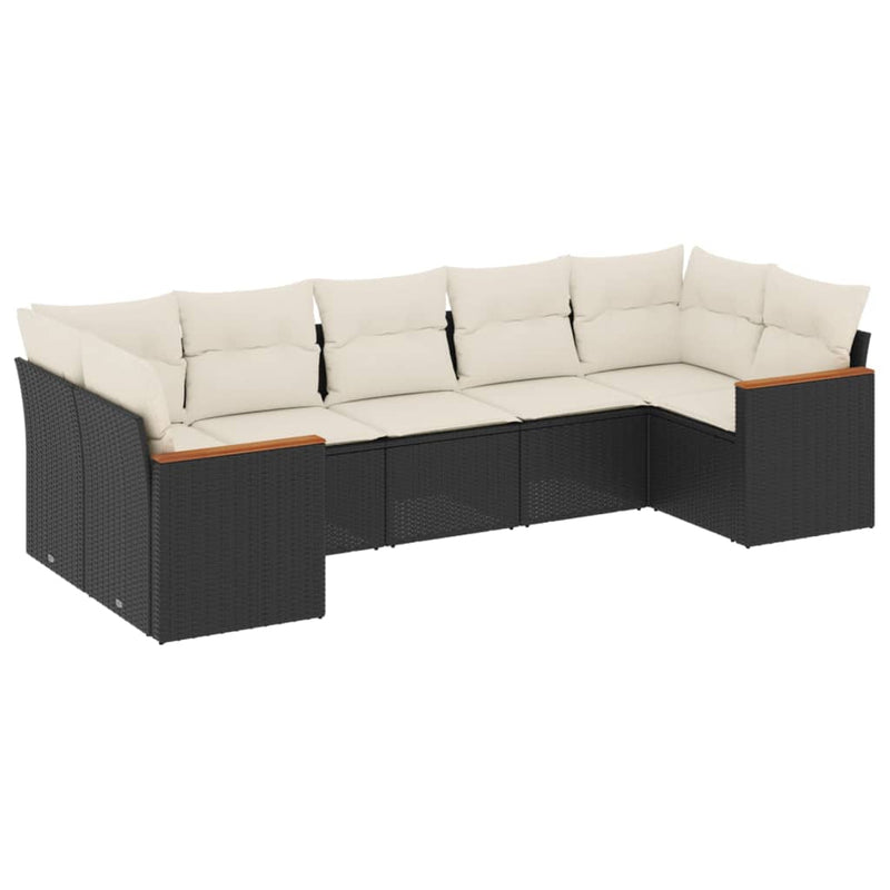 7-delige Loungeset met kussens poly rattan zwart