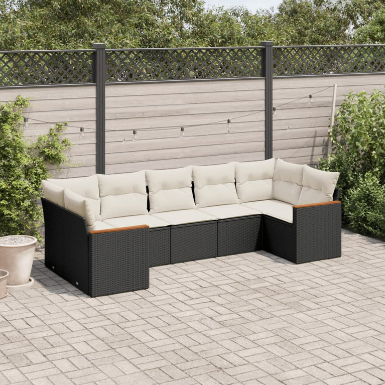 7-delige Loungeset met kussens poly rattan zwart