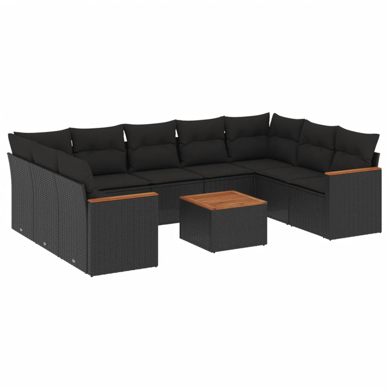 10-delige Loungeset met kussens poly rattan zwart