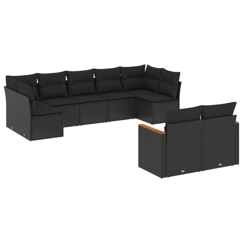 9-delige Loungeset met kussens poly rattan zwart