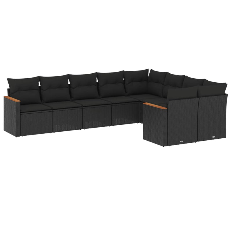 9-delige Loungeset met kussens poly rattan zwart