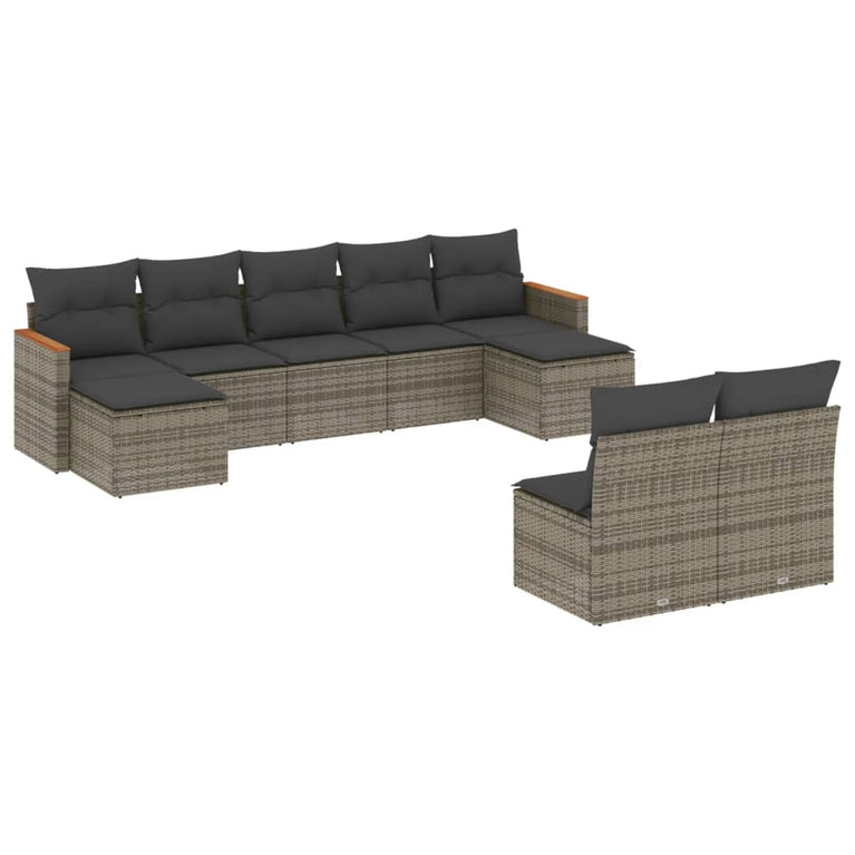 9-delige Loungeset met kussens poly rattan grijs