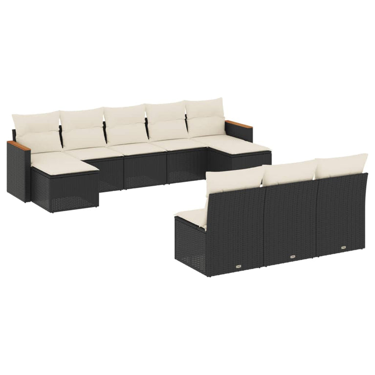 10-delige Loungeset met kussens poly rattan zwart