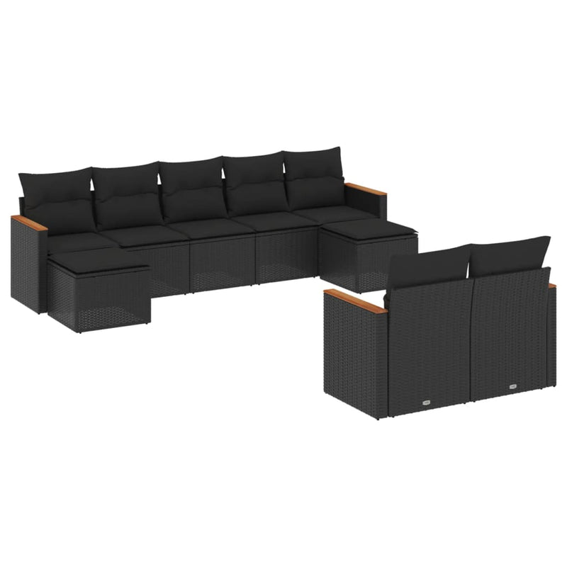 9-delige Loungeset met kussens poly rattan zwart