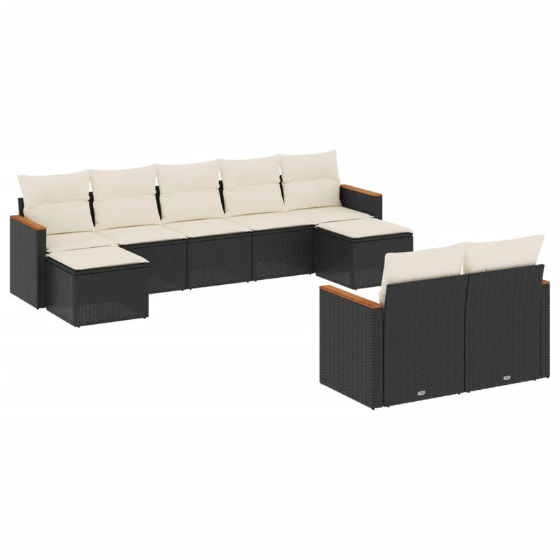 9-delige Loungeset met kussens poly rattan zwart