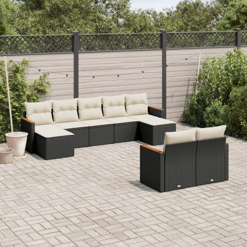 9-delige Loungeset met kussens poly rattan zwart