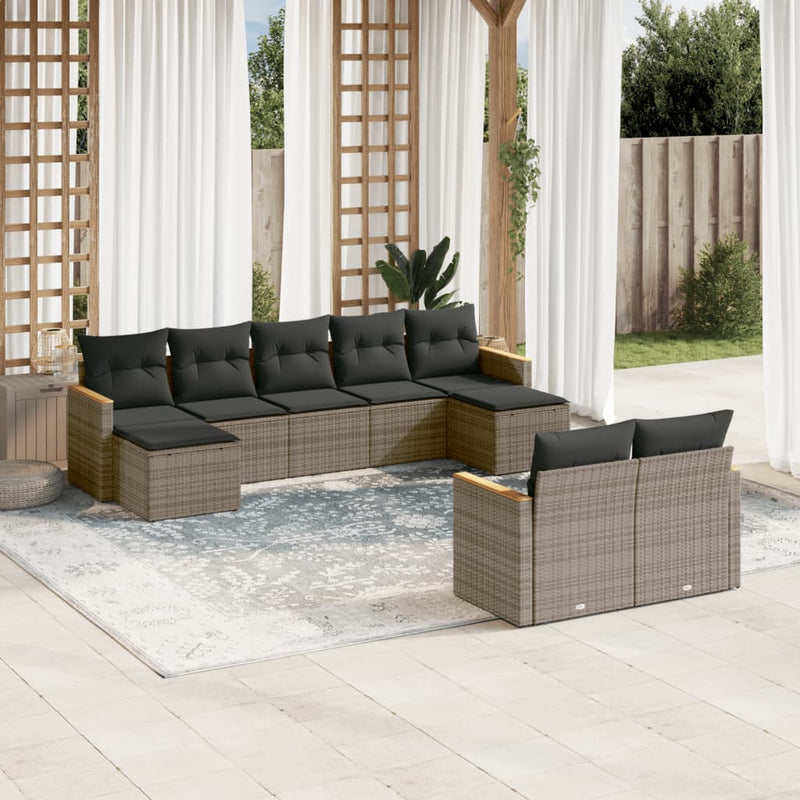 9-delige Loungeset met kussens poly rattan grijs