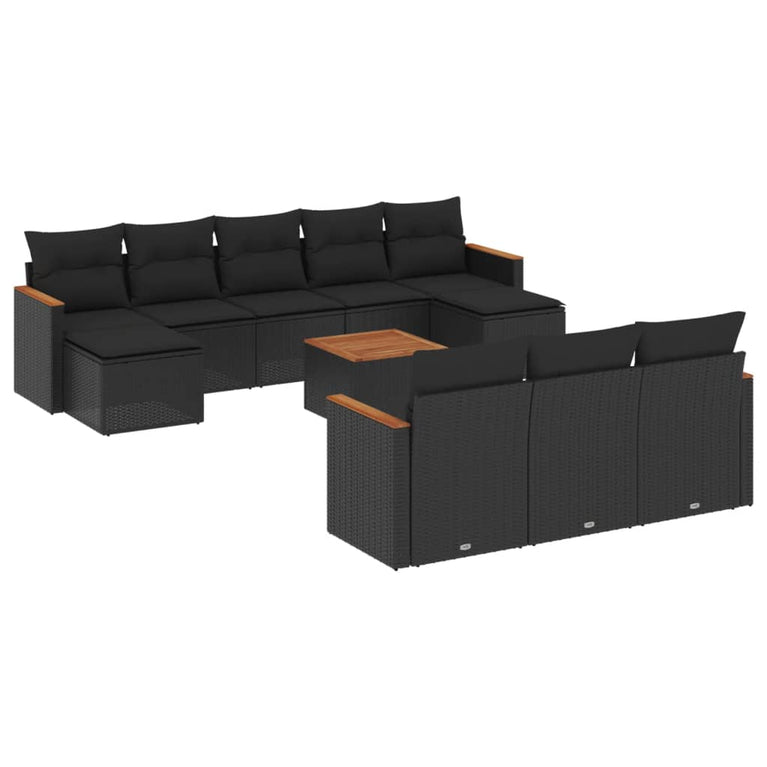 11-delige Loungeset met kussens poly rattan zwart