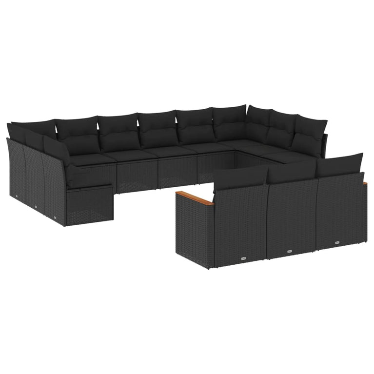 13-delige Loungeset met kussens poly rattan zwart
