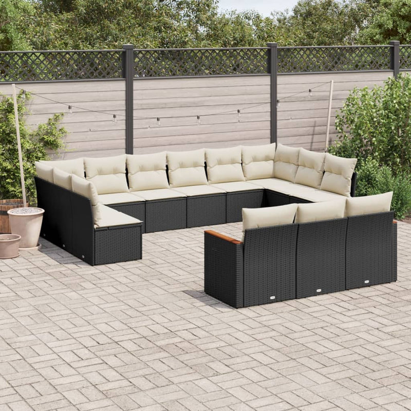 13-delige Loungeset met kussens poly rattan zwart