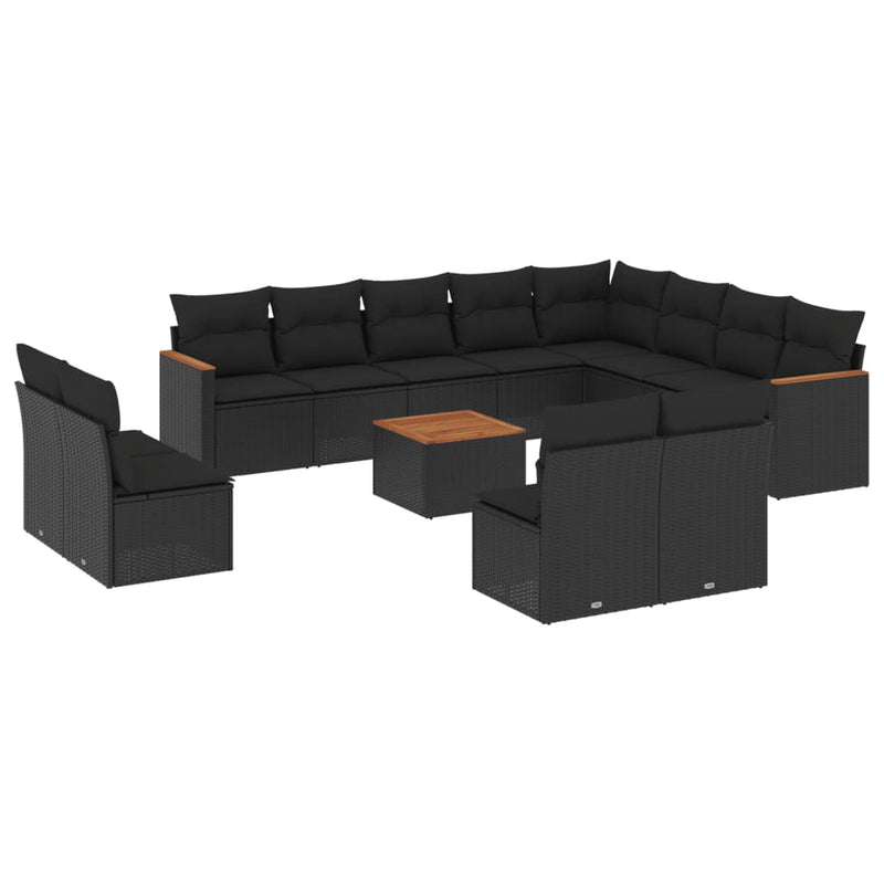 13-delige Loungeset met kussens poly rattan zwart